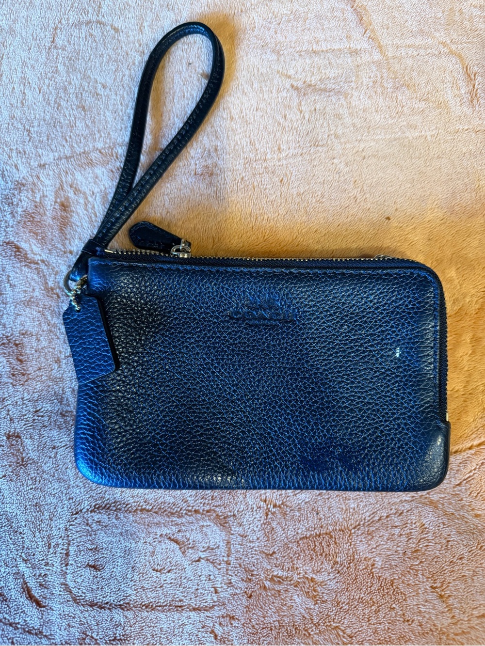 Coach Navy Pebbled Leather Wristlet with Strap
